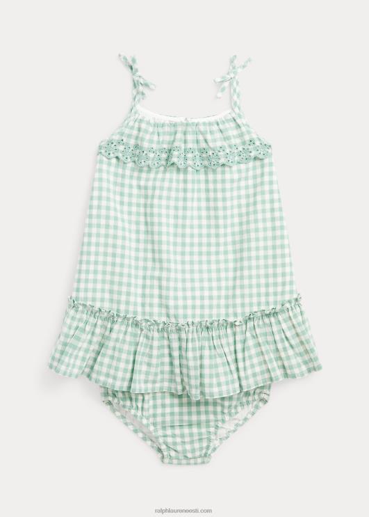 Ralph Lauren beebi hõlmikpuuvillane madrase kleit ja õitseja PR0V10031 piparmünt/valge