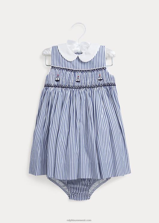 Ralph Lauren beebi purjekas puuvillane popliin kleit & bloomer PR0V7867 mereväe/valge