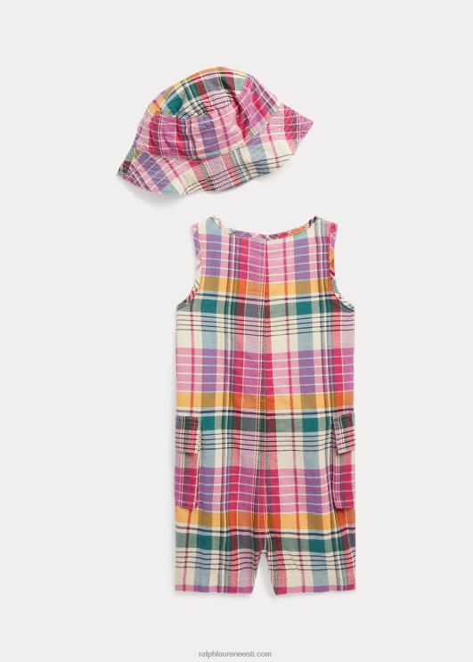 Ralph Lauren beebi indigo puuvillane madras shortall & kübara komplekt PR0V7827 roosa/kreem multi