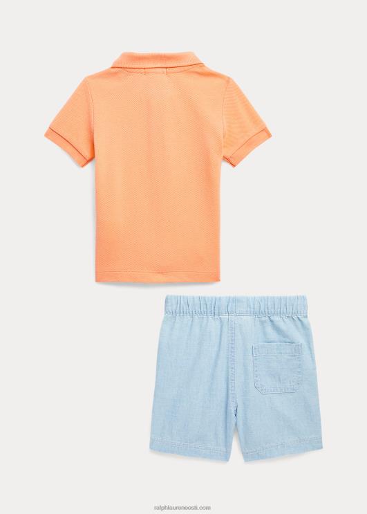 Ralph Lauren beebi polo karu puuvillane polosärk ja lühike komplekt PR0V7774 õiglane oranž / chambray