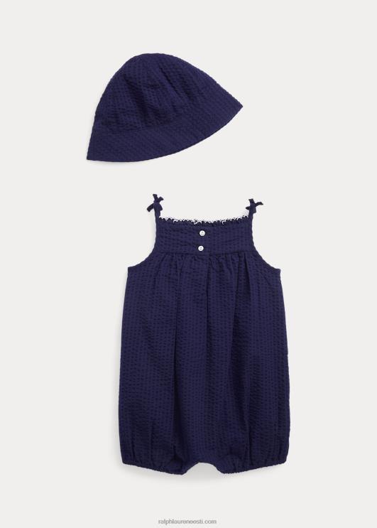 Ralph Lauren beebi seersucker bubble shortall & kübara komplekt PR0V7803 rafineeritud merevägi
