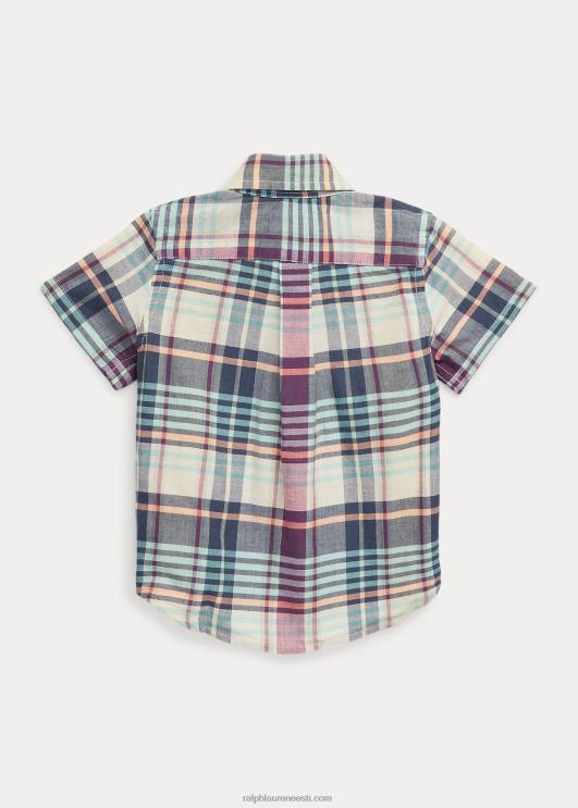 Ralph Lauren beebi indigo puuvillane madrase lühikeste varrukatega särk PR0V7888 kreem/mereväe multi