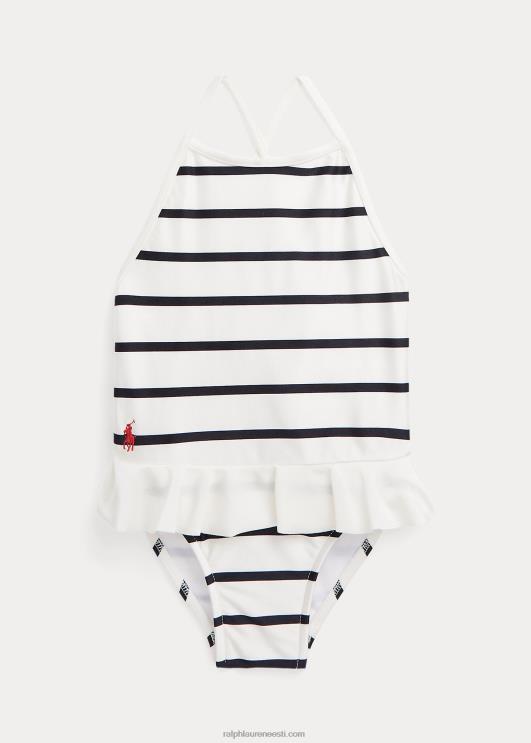 Ralph Lauren beebi triibuline volangidega ühes tükis ujumistrikoo PR0V7937 tekipesuvahend valge/merepunane