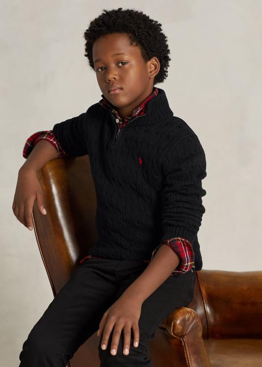 Ralph Lauren lapsed kaabliga kootud puuvillane veerandtõmblukuga kampsun PR0V6650 must