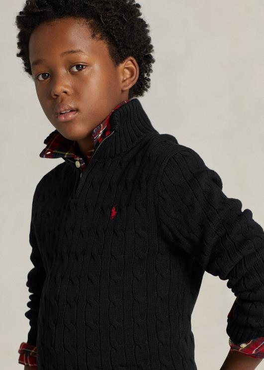 Ralph Lauren lapsed kaabliga kootud puuvillane veerandtõmblukuga kampsun PR0V6650 must