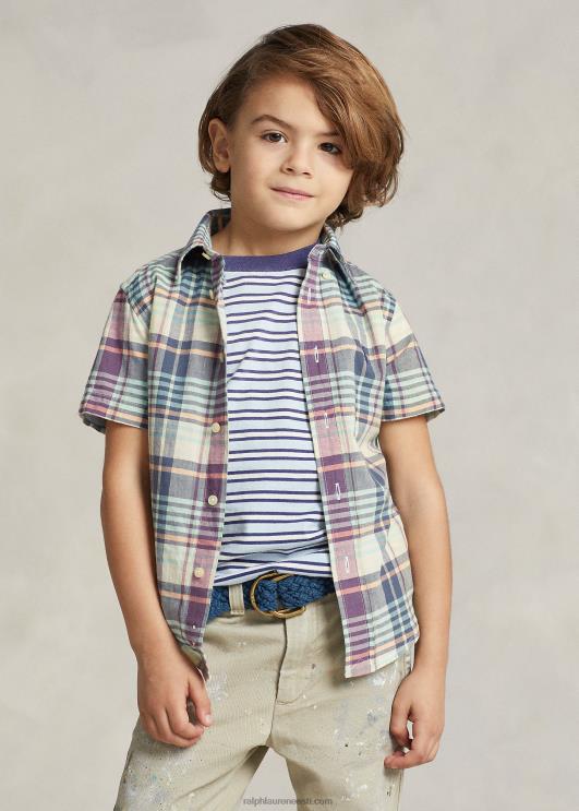 Ralph Lauren lapsed indigo puuvillane madrase lühikeste varrukatega särk PR0V5634 kreem/mereväe multi