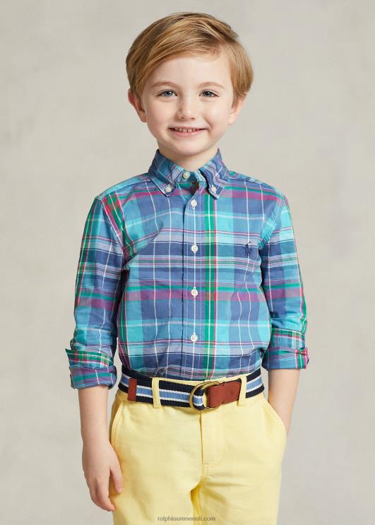 Ralph Lauren lapsed ruuduline puuvillane popliinsärk PR0V6429 türkiis/tumeroosa