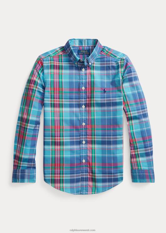 Ralph Lauren lapsed ruuduline puuvillane popliinsärk PR0V6608 türkiis/tumeroosa