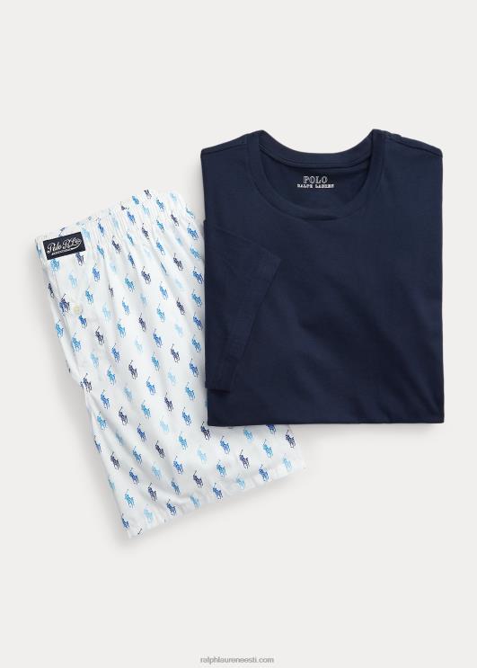 Ralph Lauren mehed puuvillane crewneck & allover pony boxer komplekt PR0V634 valge/sinine riviera merevägi