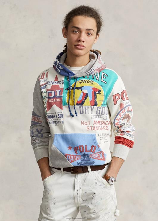 Ralph Lauren mehed lapitehnikas fliisist graafiline kapuuts PR0V8499 tekipesu valge multi