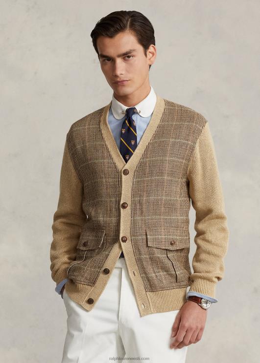 Ralph Lauren mehed glen ruuduline paneelidega linasest siidist kardigan PR0V147 tan multi