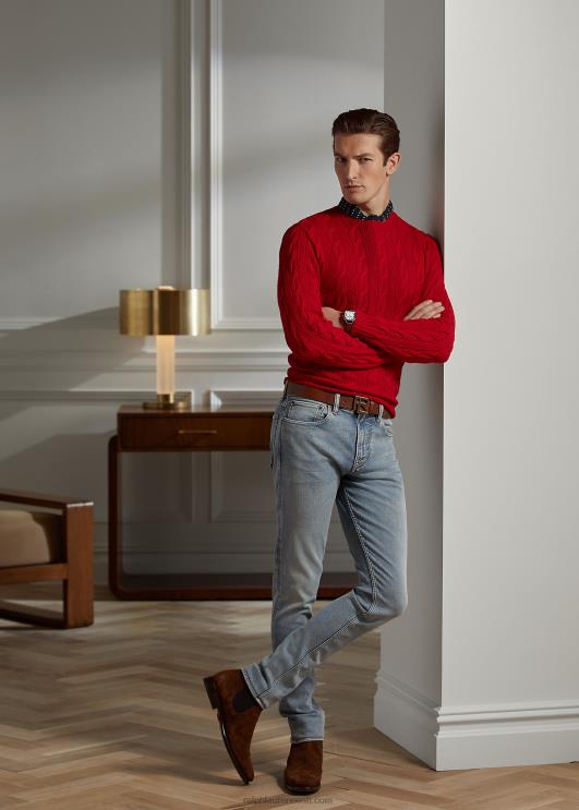 Ralph Lauren mehed kaabliga kootud kašmiirist kampsun PR0V69 klassikaline punane