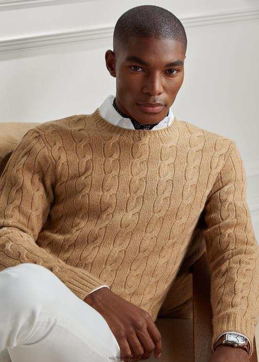 Ralph Lauren mehed kaabliga kootud kašmiirist kampsun PR0V70 kaameli melange