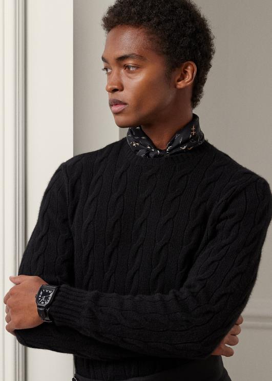 Ralph Lauren mehed kaabliga kootud kašmiirist kampsun PR0V73 klassikaline must