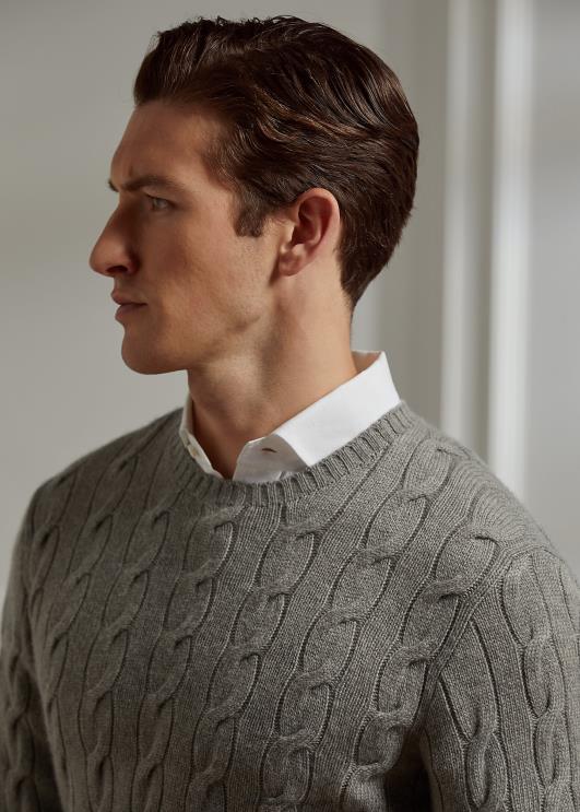 Ralph Lauren mehed kaabliga kootud kašmiirist kampsun PR0V84 helehall kanarbik