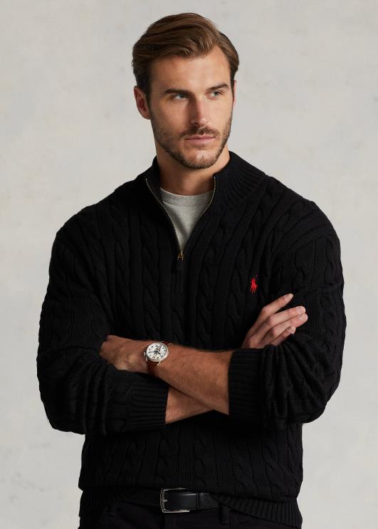 Ralph Lauren mehed kaabliga kootud puuvillane veerandtõmblukuga kampsun PR0V1925 must