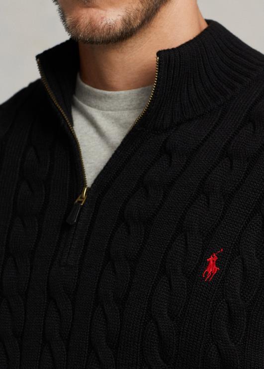 Ralph Lauren mehed kaabliga kootud puuvillane veerandtõmblukuga kampsun PR0V1925 must