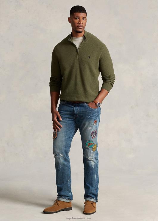 Ralph Lauren mehed võrkkootud puuvillane veerandtõmblukuga kampsun PR0V1913 klassikaline oliivikanarbik