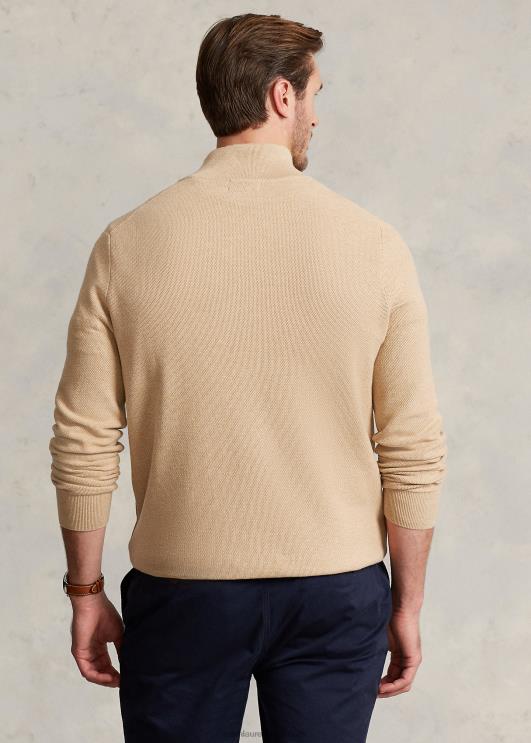 Ralph Lauren mehed võrkkootud puuvillane veerandtõmblukuga kampsun PR0V1916 kaameli melange