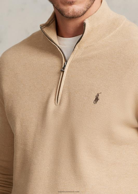 Ralph Lauren mehed võrkkootud puuvillane veerandtõmblukuga kampsun PR0V1916 kaameli melange