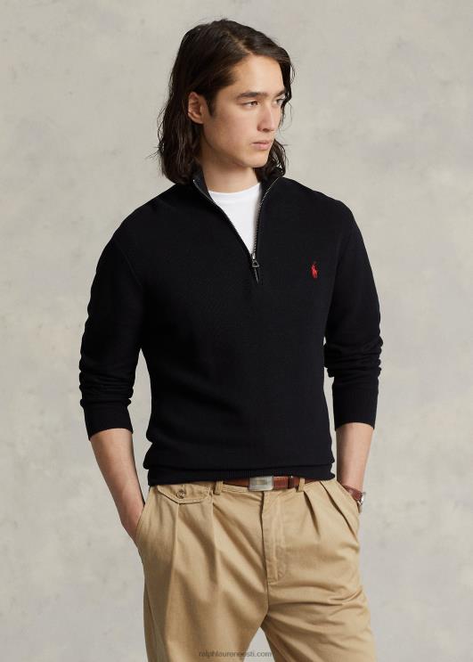 Ralph Lauren mehed võrkkootud puuvillane veerandtõmblukuga kampsun PR0V508 must