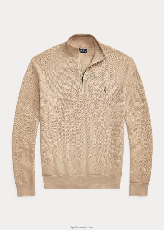 Ralph Lauren mehed võrkkootud puuvillane veerandtõmblukuga kampsun PR0V512 kaameli melange