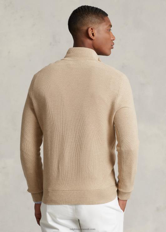 Ralph Lauren mehed võrkkootud puuvillane veerandtõmblukuga kampsun PR0V512 kaameli melange