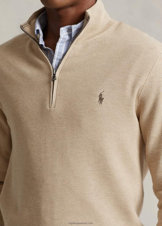 Ralph Lauren mehed võrkkootud puuvillane veerandtõmblukuga kampsun PR0V512 kaameli melange