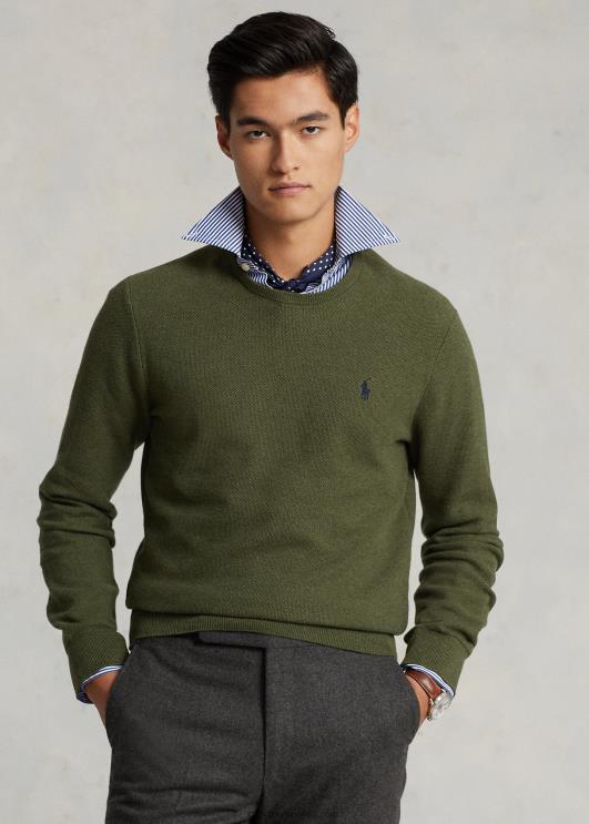 Ralph Lauren mehed võrkkootud puuvillasest kaelakaelusega kampsun PR0V669 klassikaline oliivikanarbik