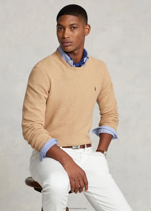 Ralph Lauren mehed võrkkootud puuvillasest kaelakaelusega kampsun PR0V673 kaameli melange