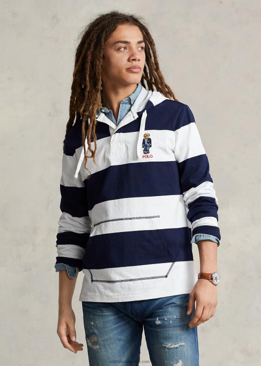 Ralph Lauren mehed polo bear jersey kapuutsiga ragbi särk PR0V665 ristlus mereväe/valge
