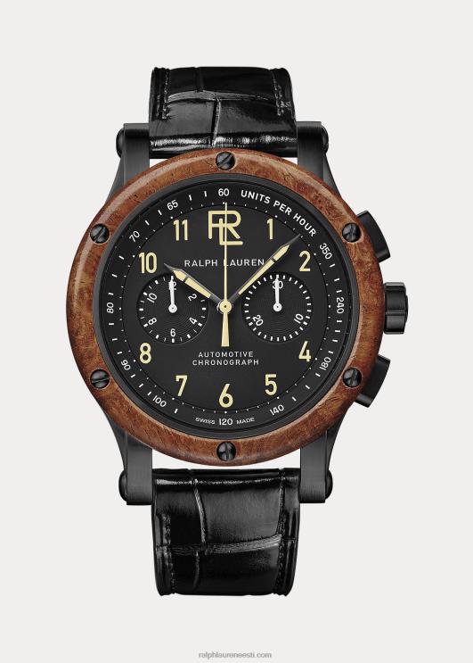 Ralph Lauren mehed 42 mm kronograafi mustast terasest puidust raam PR0V2834