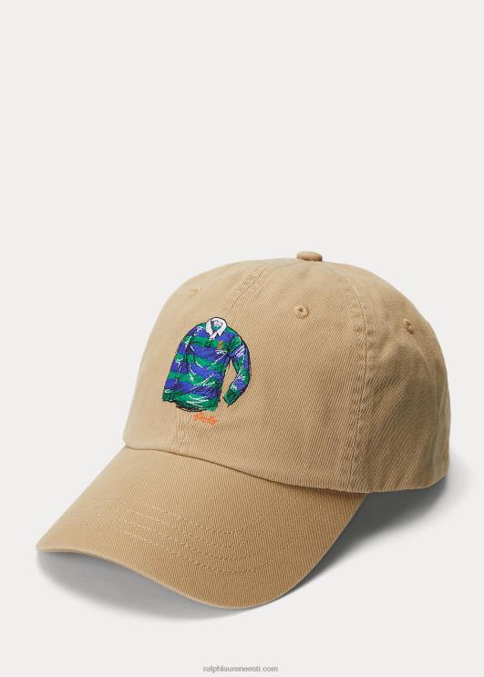 Ralph Lauren mehed ragbi särgiga tikitud toimse palli müts PR0V2515 kohvik tan