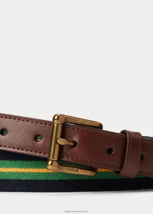 Ralph Lauren mehed nahkkattega triibuline vöö PR0V2346 roheline/merevägi