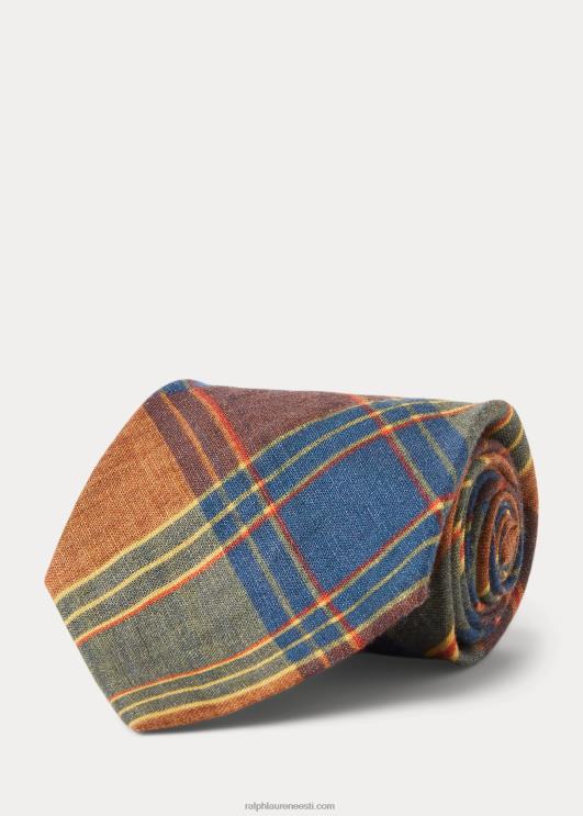 Ralph Lauren mehed käsitööna valmistatud madras-mustriline linane lips PR0V2230 tumesinine/punane/kollane/multi