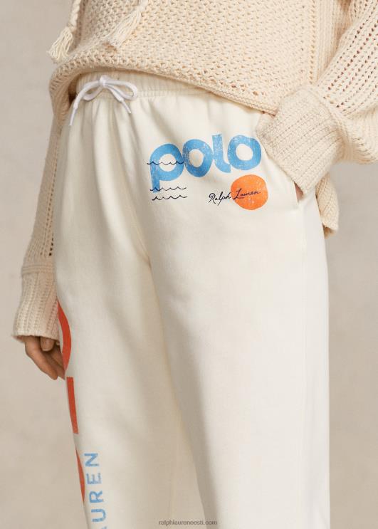 Ralph Lauren naised logo ja lainegraafikaga fliisist dressipüksid PR0V3050 klubimaja kreem