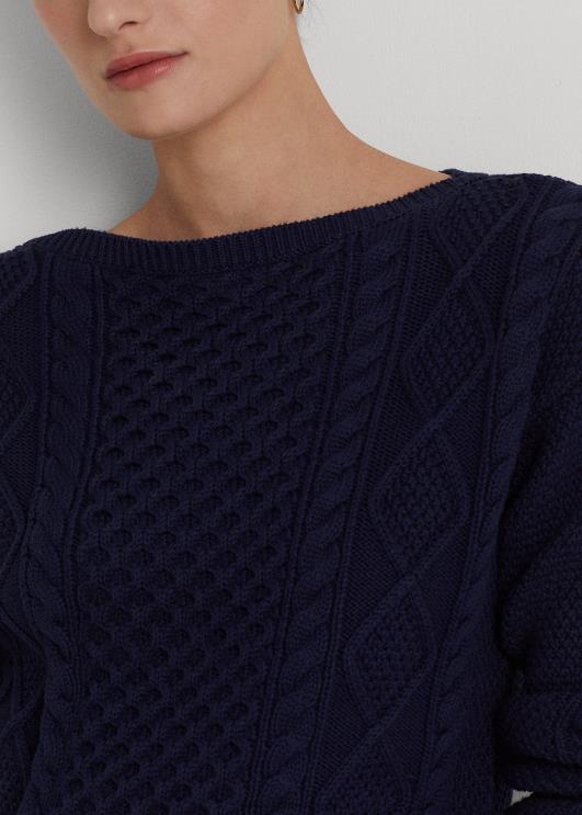 Ralph Lauren naised araani kootud puuvillase paadikaelusega kampsun PR0V3950 rafineeritud merevägi