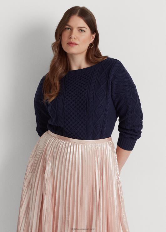 Ralph Lauren naised araani kootud puuvillase paadikaelusega kampsun PR0V4590 rafineeritud merevägi