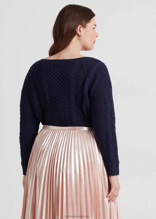 Ralph Lauren naised araani kootud puuvillase paadikaelusega kampsun PR0V4590 rafineeritud merevägi