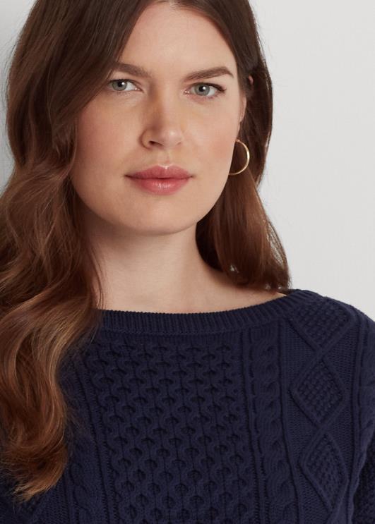 Ralph Lauren naised araani kootud puuvillase paadikaelusega kampsun PR0V4590 rafineeritud merevägi