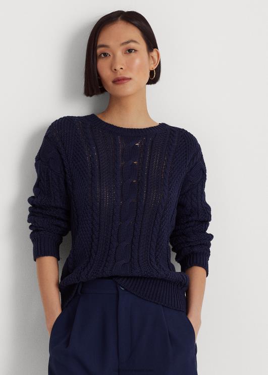 Ralph Lauren naised aran-kootud puuvillane kampsun PR0V4857 rafineeritud merevägi