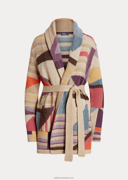 Ralph Lauren naised geomotiiviga rätik linasest segust kardigan PR0V3227 tan multi