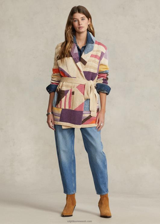 Ralph Lauren naised geomotiiviga rätik linasest segust kardigan PR0V3227 tan multi