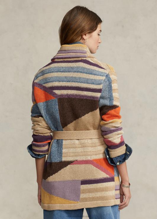 Ralph Lauren naised geomotiiviga rätik linasest segust kardigan PR0V3227 tan multi