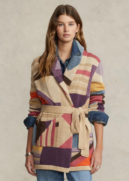 Ralph Lauren naised geomotiiviga rätik linasest segust kardigan PR0V3227 tan multi