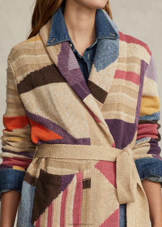 Ralph Lauren naised geomotiiviga rätik linasest segust kardigan PR0V3227 tan multi