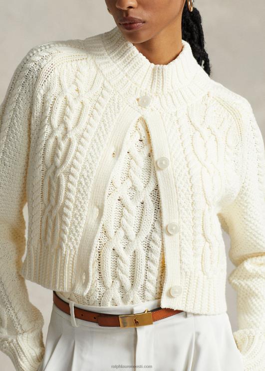 Ralph Lauren naised kärbitud araan-kootud puuvillane kardigan PR0V3085 pärgamendikreem