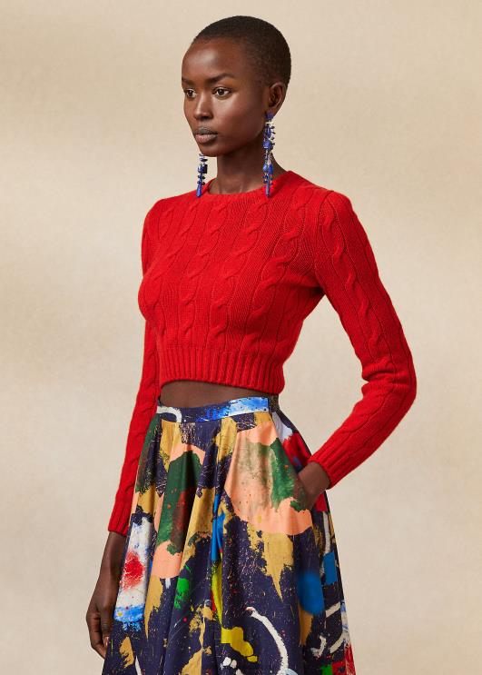 Ralph Lauren naised kärbitud kaabliga kootud kašmiirkampsun PR0V3471 rouge