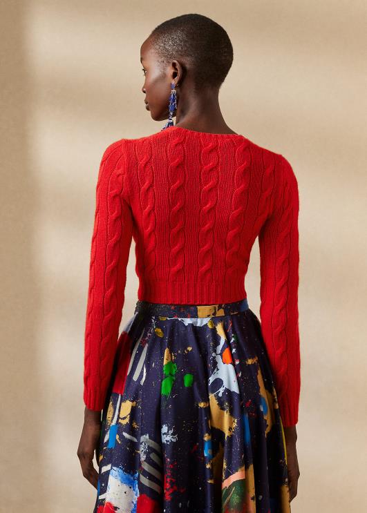 Ralph Lauren naised kärbitud kaabliga kootud kašmiirkampsun PR0V3471 rouge