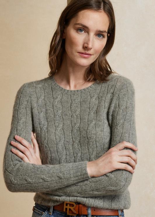 Ralph Lauren naised kaabliga kootud kašmiirist kampsun PR0V9140 luksuslik helehall melanž